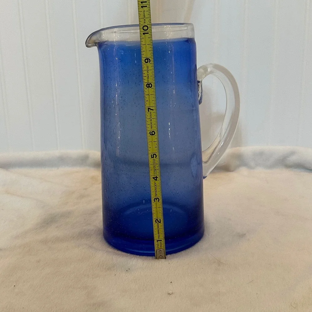 Vintage Seeded Glass Pitcher 10.5in Cobalt Blue Excellent Hand Blown Coastal Art
